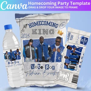 May include: A Homecoming Party Template design featuring a water bottle and two paper snack bags. The bags and bottle have images of young men in blue and white jackets. The text includes "Homecoming King", "Vote For Adrian Brooks", and "2025".