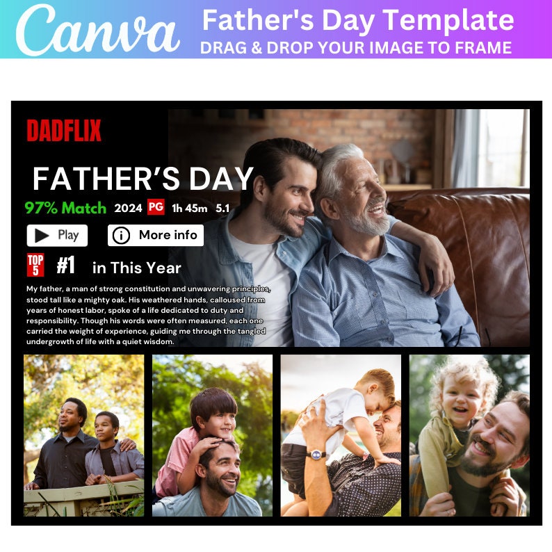 Dadflix Canva Editable Template, Happy Father’s Day Template, Dadflix Movie Photo Collage, Gift For Grandpa, Father's Day Gift