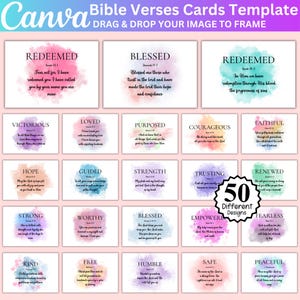 Puede incluir: Un conjunto de 50 tarjetas de versículos bíblicos con fondos de acuarela. Cada tarjeta presenta una palabra diferente como "Redimido" o "Bendecido" y un versículo correspondiente. La plantilla de Canva permite arrastrar y soltar imágenes.