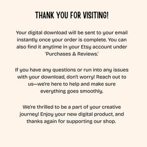 May include: Cream-colored digital download thank you card with black text. The text reads "THANK YOU FOR VISITING!" followed by a message about digital downloads and support. The card is designed for Etsy sellers.