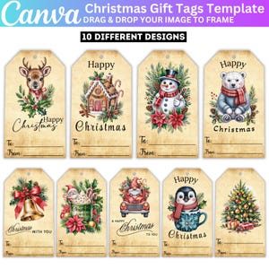 Könnte beinhalten: Ein Set von zehn Weihnachtskarten mit verschiedenen festlichen Designs. Jede Karte zeigt eine einzigartige Illustration, darunter ein Rentier, ein Lebkuchenhaus, ein Schneemann, ein Eisbär, eine Glocke, der Weihnachtsmann, ein Zwerg, ein Pinguin und ein Weihnachtsbaum. Die Karten haben Platz für "An" und "Von".