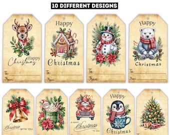 May include: A set of ten Christmas gift tags with various festive designs. Each tag features a unique illustration, including a reindeer, gingerbread house, snowman, polar bear, bell, Santa, gnome, penguin, and Christmas tree. The tags have space for "To" and "From" and the words "Happy Christmas".
