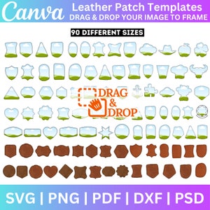 May include: A set of 90 leather patch templates in various shapes and sizes. The templates are outlined in white and have a green, grassy background with a blue sky and clouds. The templates are also available in brown leather.