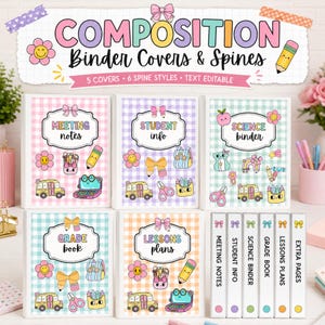 May include: A set of five pastel-coloured binder covers with gingham patterns, featuring whimsical illustrations of school buses, flowers, and bows. Each cover displays text labels like Meeting Notes and Student Info, alongside six matching binder spines.
