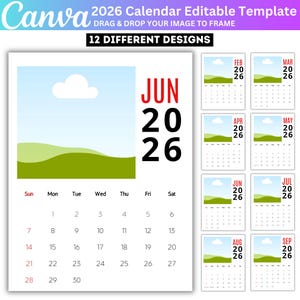 May include: A white 2026 calendar template with 12 different designs. The calendar features a landscape image placeholder, with the month of June highlighted. The Canva logo is at the top left.