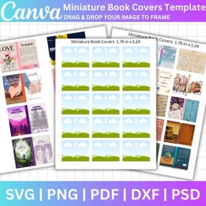 May include: A digital template for creating miniature book covers. The template features 16 blank book cover designs with a green hill and blue sky background. The template is 1.76 inches by 1.24 inches. The text "Miniature Book Covers 1.76 in x 1.24" is at the top of the template.