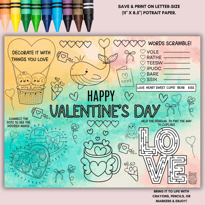 以下が含まれることがあります： バレンタインデーの塗り絵。クジラ、ペンギン、ハート、迷路の「LOVE」の文字が描かれています。単語スクランブルと点つなぎのアクティビティが含まれています。「好きなもので飾りましょう」と「クレヨン、鉛筆、マーカーで命を吹き込み、楽しんでください！」というテキストが含まれています。