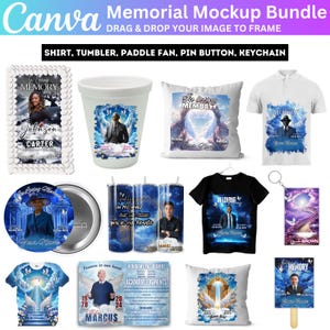 Blue Memorial Party Favor Canva Editable Bundle, Memorial Mockup Design, Pillow, Grave Blanket, Pin Button, Ribbon, Memorial Shirt Template