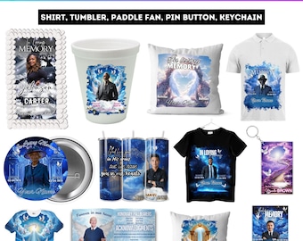 Blue Memorial Party Favor Canva Editable Bundle, Memorial Mockup Design, Pillow, Grave Blanket, Pin Button, Ribbon, Memorial Shirt Template