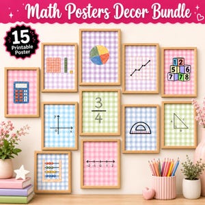 May include: A bundle of 15 printable maths posters featuring educational graphics like calculators, fractions, number lines, and geometric shapes on pastel gingham backgrounds, displayed in wooden frames with the text Math Posters Decor Bundle.