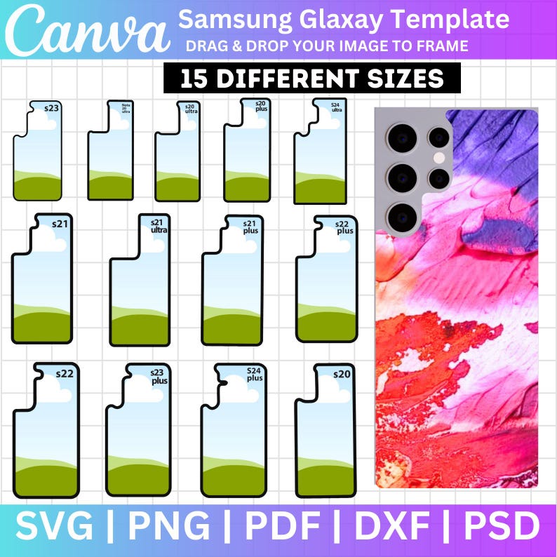 Peut inclure: Un mod&egrave;le num&eacute;rique pour cr&eacute;er des coques de t&eacute;l&eacute;phone pour diff&eacute;rents mod&egrave;les Samsung Galaxy, notamment les S20, S21, S22, S23 et S24. Le mod&egrave;le propose 15 tailles diff&eacute;rentes pour s'adapter aux diff&eacute;rents mod&egrave;les de t&eacute;l&eacute;phone. Le mod&egrave;le est con&ccedil;u pour &ecirc;tre utilis&eacute; avec un programme de conception num&eacute;rique, tel que Canva.