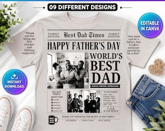 Plantilla de camiseta para el Día del Padre con diseño de periódico, diseño de camiseta 3D editable en Canva, camiseta imprimible con foto de papá, regalo personalizado para papá en formato PNG.