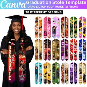 May include: A woman in a graduation gown smiles, showcasing a template for graduation stoles. The image displays various designs with photos, names, and the year 2026. Text includes "Graduate" and "Class of".