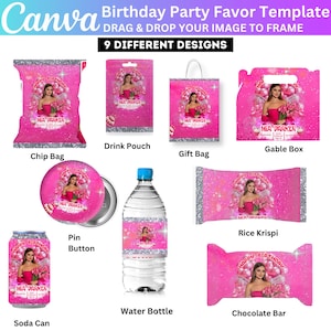 May include: A template for birthday party favours, showcasing nine different designs. These include a chip bag, drink pouch, gift bag, gable box, pin button, rice krispi, water bottle, chocolate bar, and soda can. Each design is pink with a photo of a woman and the text "Happy Birthday".
