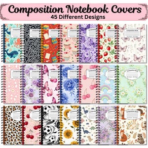 Paquete de 45 portadas para cuadernos de composición, plantillas editables para portadas de cuadernos en Canva, portadas para diarios de regreso a clases, portadas para cuadernos imprimibles.