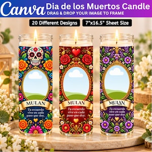 May include: Three cylindrical glass candles with lit wicks, each featuring a colorful floral border, a central oval frame, and a banner with the name MULAN and the text Tu recuerdo vive en cada paso que doy. The sheet size is 7 inches by 16.5 inches.
