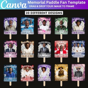 Pode incluir: Um modelo para leques de memorial com 20 designs diferentes. Cada leque apresenta uma foto, nome e datas, com asas de anjo e frases como "We Will Miss You" e "Forever in Our Hearts". O logotipo da Canva é visível.