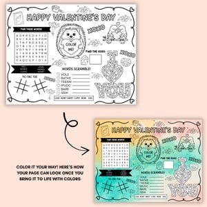 Peut inclure: Feuille d'activit&eacute; de la Saint-Valentin en noir et blanc avec un h&eacute;risson tenant un c&oelig;ur, une recherche de mots, un labyrinthe et un morpion. Le texte indique "Joyeuse Saint-Valentin", "Coloriez-moi !" et "Je t'aime".