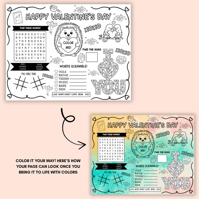Peut inclure: Feuille d'activit&eacute; de la Saint-Valentin en noir et blanc avec un h&eacute;risson tenant un c&oelig;ur, une recherche de mots, un labyrinthe et un morpion. Le texte indique "Joyeuse Saint-Valentin", "Coloriez-moi !" et "Je t'aime".