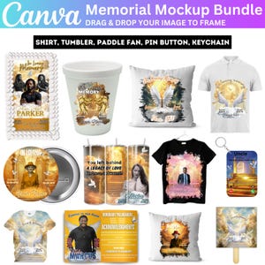Memorial Party Favor Canva Editable Bundle, Yellow Memorial Shirt Template, Memorial Mockup Designs, Grave Blanket, Pin Button, Ribbon Files