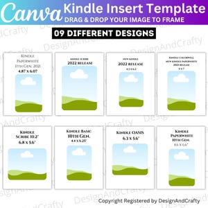 May include: A Canva Kindle Insert Template with nine different designs. Each design features a landscape scene with a blue sky, white clouds, and green hills. The template includes sizes for various Kindle models, such as Paperwhite and Oasis.