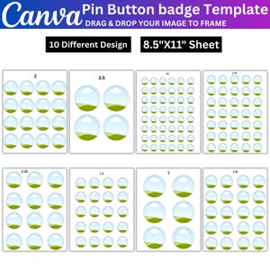 Pu&ograve; includere: Un modello di spilla a bottone Canva su un foglio da 8,5"x11" con 10 design diversi. Il layout include molteplici cornici circolari con una grafica paesaggistica di colline verdi e cielo blu, organizzate in varie dimensioni per le spille.