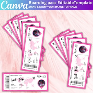 May include: A collection of pink and white boarding pass templates. Each pass features the text "Girl Trip" and "DXN + JFK", along with a world map graphic. The phrase "Pack Your Bags!" is also included. The Canva logo is visible.