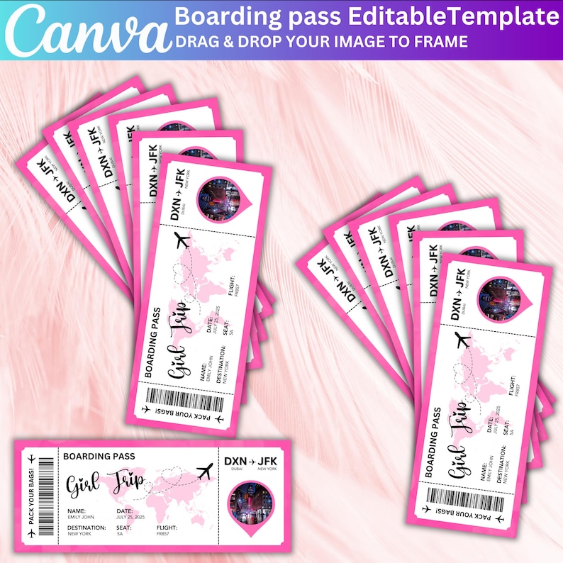 May include: A collection of pink and white boarding pass templates. Each pass features the text "Girl Trip" and "DXN + JFK", along with a world map graphic. The phrase "Pack Your Bags!" is also included. The Canva logo is visible.