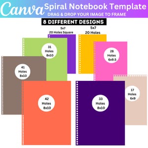 Könnte beinhalten: Grafik mit acht Spiralnotizbuch-Designs in verschiedenen Größen und Farben. Die Designs umfassen Formate wie 5x7 Zoll und 8x10 Zoll, mit unterschiedlichen Lochzahlen. Das Bild enthält das Canva-Logo und Text, der auf eine Vorlage hinweist.
