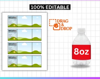 May include: Four printable water bottle labels with a green and blue landscape design. The labels feature the text "Birthday Nutrition Facts" and a smiling emoji. The labels are designed to be used with 8oz water bottles. The image also shows a clear plastic water bottle with a red label that says "8oz".