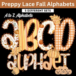 May include: A digital design featuring the letters "ABCD" and the word "alphabet" in a fall theme. The letters are decorated with pumpkins, leaves, and various patterns in orange, yellow, and white. The text "Preppy Lace Fall Alphabets" is at the top.
