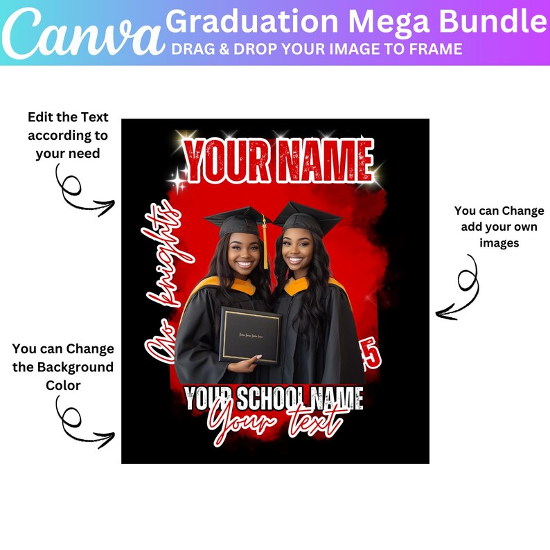 K&ouml;nnte beinhalten: Eine Vorlage f&uuml;r ein Abschlussdesign mit zwei Frauen in Abschlusskappen und -gew&auml;ndern, die ein Diplom halten. Das Design hat einen roten Hintergrund mit dem Text "YOUR NAME", "YOUR SCHOOL NAME" und "Your Text".