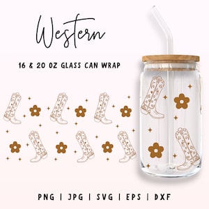 Western Cowgirl Glass can SVG Bundle, 16oz & 20oz Libbey Wrap, Cowgirl can svg, Cowboy Boots Hat Wrap, Cow Skull Libbey Glass Digital Files