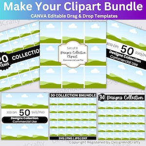 May include: Digital clipart bundles with the text "Make Your Clipart Bundle" and "CANVA Editable Drag & Drop Templates". The bundles feature landscape and cloud graphics, and are labelled with the number of items and file types. Includes commercial use files.