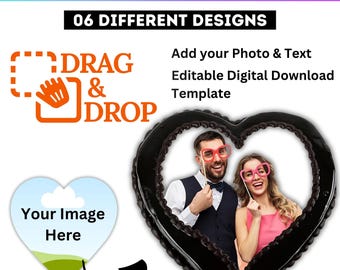 Topo de Bolo Personalizado em Formato de Coração, Modelo Editável no Canva, Topo de Bolo Queimadíssimo, Topo de Bolo de Aniversário em Formato de Coração, 6 Opções de Tamanho Diferentes