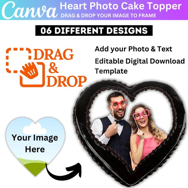 Custom Heart Сake Topper Canva Editable Template, Burn Away Cake Topper, Heart Birthday Cake Topper, 6 Different Size Options
