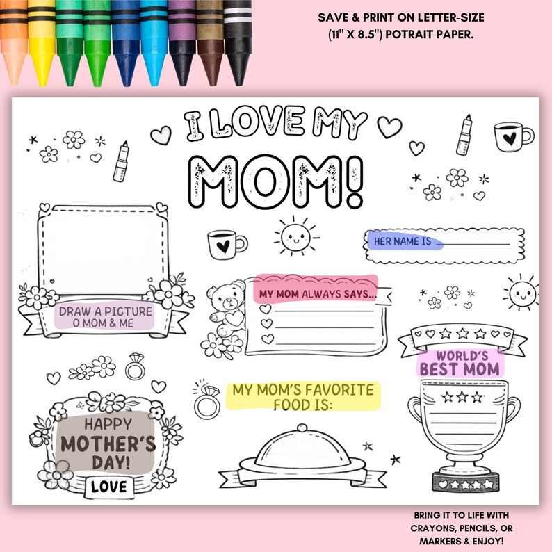 Mother’s Day Activity Sheet Printable, All About Mom Placemat, Kids DIY ...