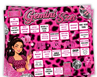 Juego de mesa de cumpleaños Gemini SZN, juego de cumpleaños con estampado de guepardo editable en Canva, actividad de cumpleaños astrológica, tablero para beber Gemini SZN, digital