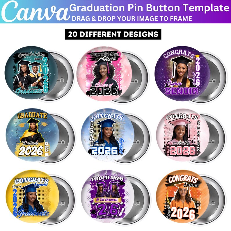 20 Graduation Pin Button Template, Canva Editable Congrats Grad Class ...