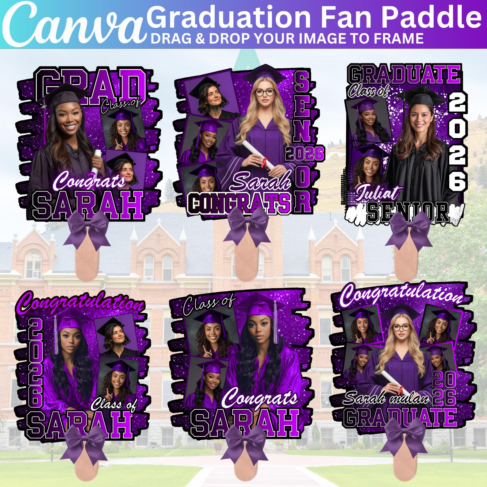 10 Purple Grad Fan Canva Editable Template, Custom Graduation Paddle ...