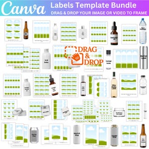 May include: A set of printable labels for various containers, including bottles, cans, and jars. The labels feature a green and blue color scheme with a landscape design. The labels are designed to be used with Canva, a graphic design platform.