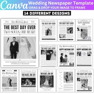 Puede incluir: Una plantilla de Canva para periódicos de bodas con 14 diseños diferentes. Los periódicos presentan fotos en blanco y negro de parejas, con titulares como "The Best Day Ever" y "Happy Wedding Day". El texto incluye "Two Souls, One Heart."