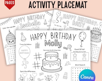 03 Birthday Coloring Placemat For Kids, Personalized Kids Activity Placemat, Printable Party Color Placemat Sheets Birthday Coloring Pages
