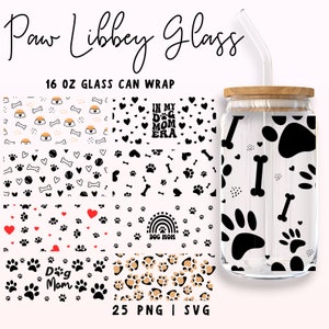 Dog Paw Libbey Glass Can, Dog Mama Glass Bundle, Libbey Glass Can Wrap, Animal Print, SVG-bestanden voor Cricut & Silhouette Cameo, glaswerk SVG