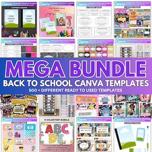 May include: A selection of Canva templates for back-to-school use. The image displays diverse designs for notebooks, labels, and covers. The templates offer various design options, with the text "MEGA BUNDLE BACK TO SCHOOL CANVA TEMPLATES". The templates are ready to use.