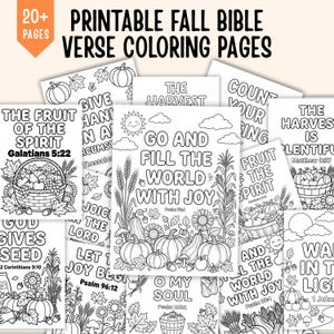 May include: A collection of over 20 printable black and white coloring pages featuring fall-themed illustrations and Bible verses. The pages include line art of pumpkins, corn, sunflowers, and leaves with text such as Go and Fill the World with Joy.