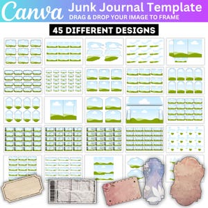 Könnte beinhalten: Eine Canva Junk Journal Vorlage mit 45 verschiedenen Designs. Die Designs umfassen verschiedene Rahmen, Etiketten und Hintergründe mit Landschafts- und Wolkenillustrationen. Die Vorlage ist für Benutzer konzipiert, um ihre Bilder per Drag & Drop in die Rahmen zu ziehen.