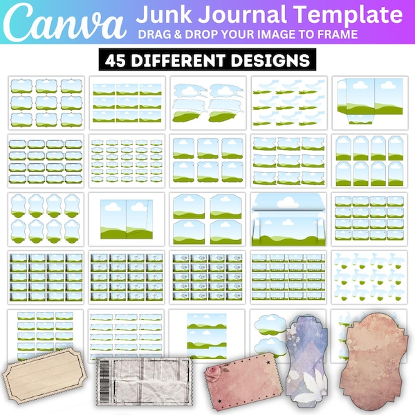 Junk Journal Canva Editable Template, Custom Journal Tags, Junk Journal Frame, Junk Journal Kit Craft Supplies, Digital Papered Junk Journal