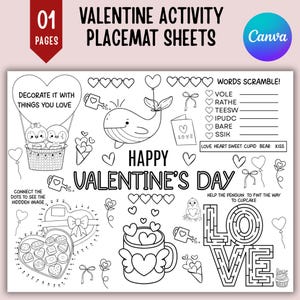 以下が含まれることがあります： さまざまなアクティビティが描かれた、白黒のバレンタインデー用プレースマットシート。クジラ、カゴに入ったペンギン、ハート、迷路、ワードスクランブルが含まれています。「Valentine Activity Placemat Sheets」、「Happy Valentine's Day」などのテキストが含まれています。