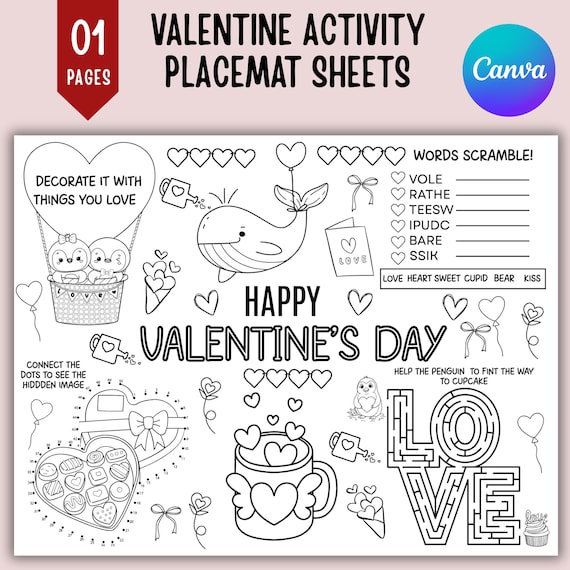 Valentine's Day Placemat Sheet, Kids Valentines Coloring Page, Kids Party Table Activity Page, kids Activity PDF, Valentine Puzzle File